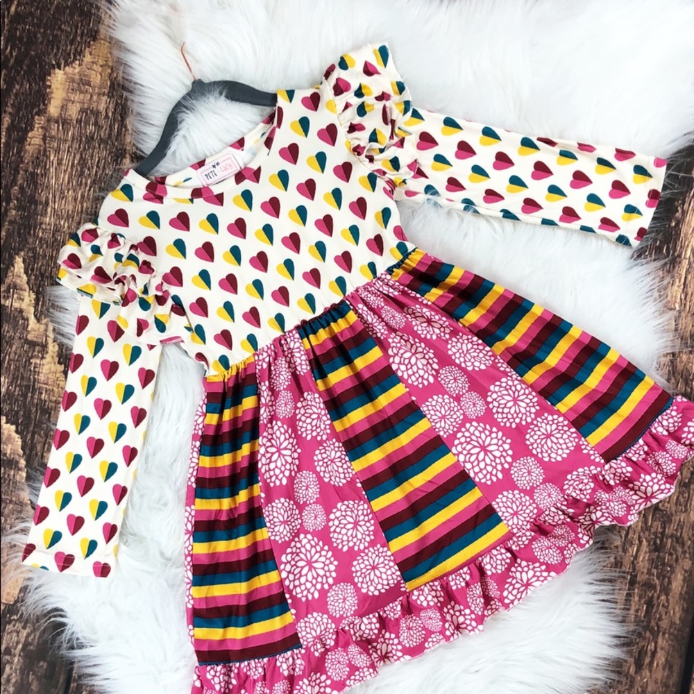 Long Sleeve Dress-Hearts & Flowers with Stripes